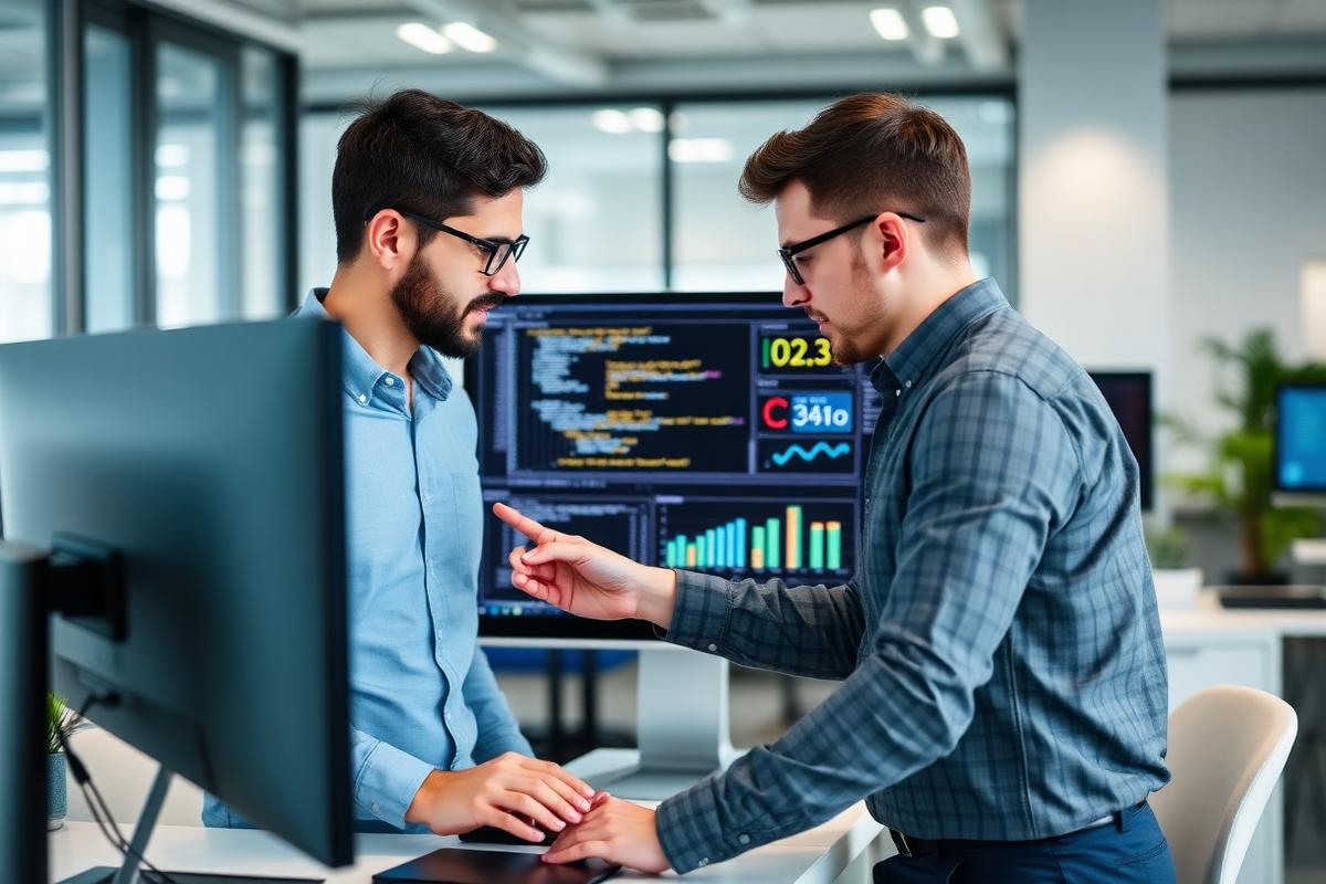 Engineers discussing analytics results and application code in a modern office